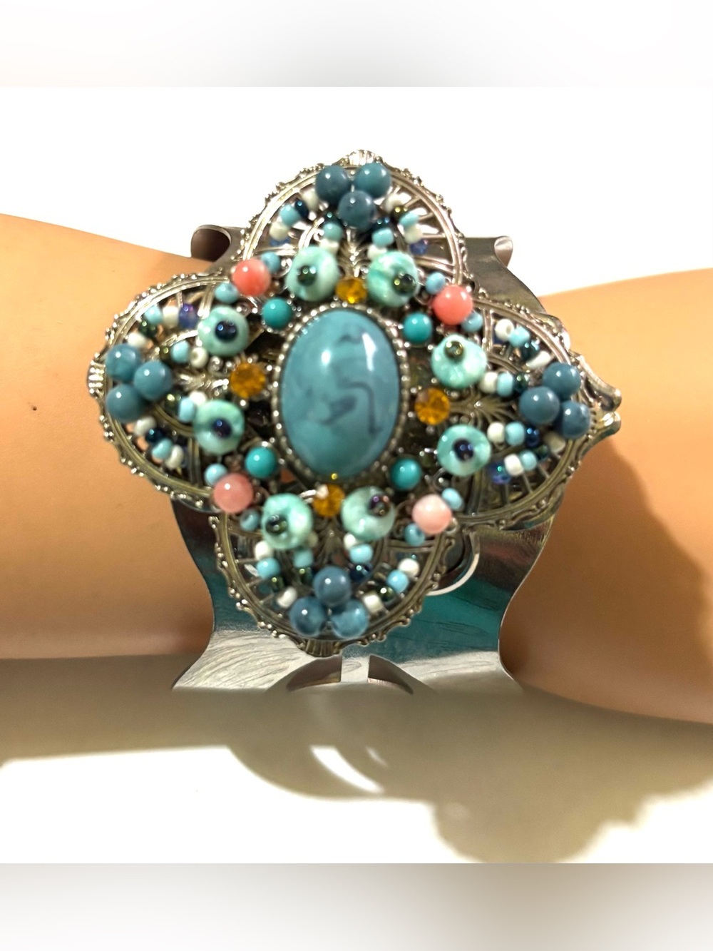 Silver-Tone Turquoise & Coral Multi-Bead Statement Cuff Bracelet